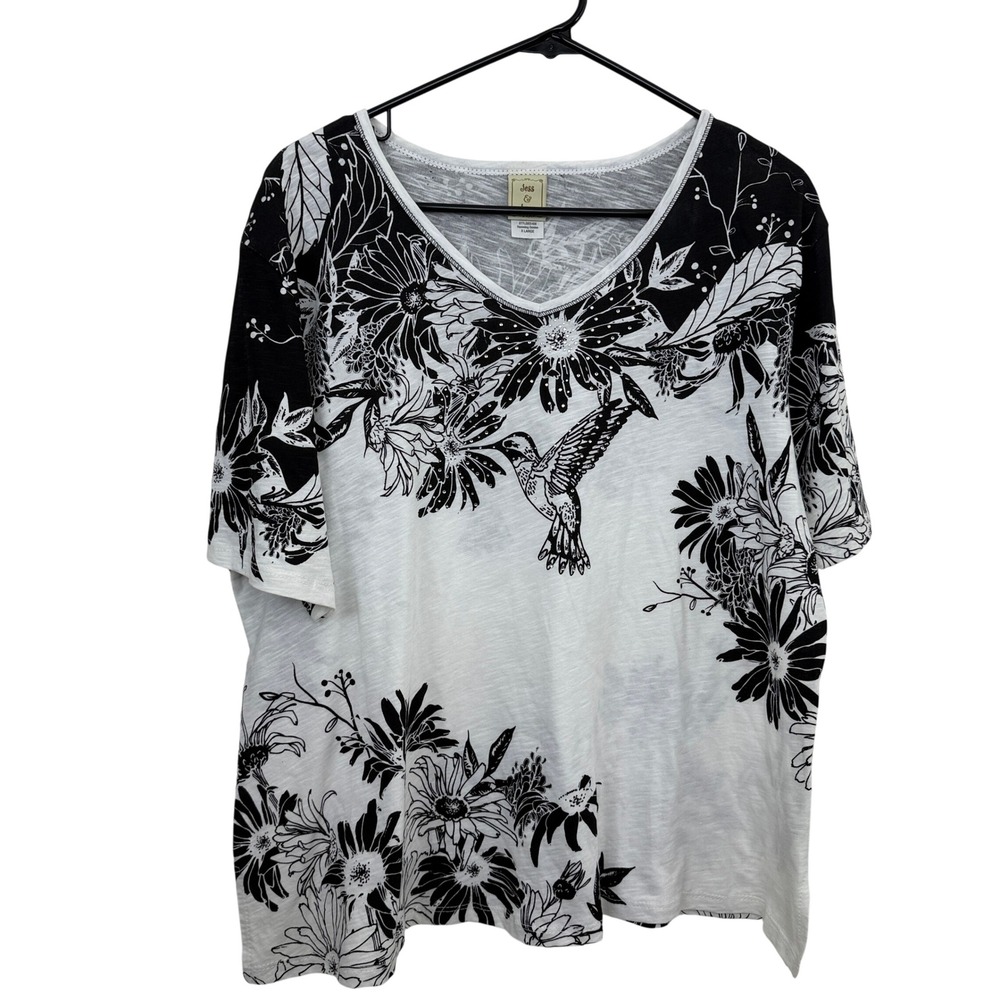 Jess & Jane Shirt Womens XL White Humming Daisies Floral Rhinestone V-Neck *
